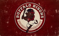 the buffalo bisons logo is shown on a red background