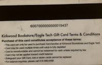 a sign that says kiltwood bookstore eagle tech card conditions